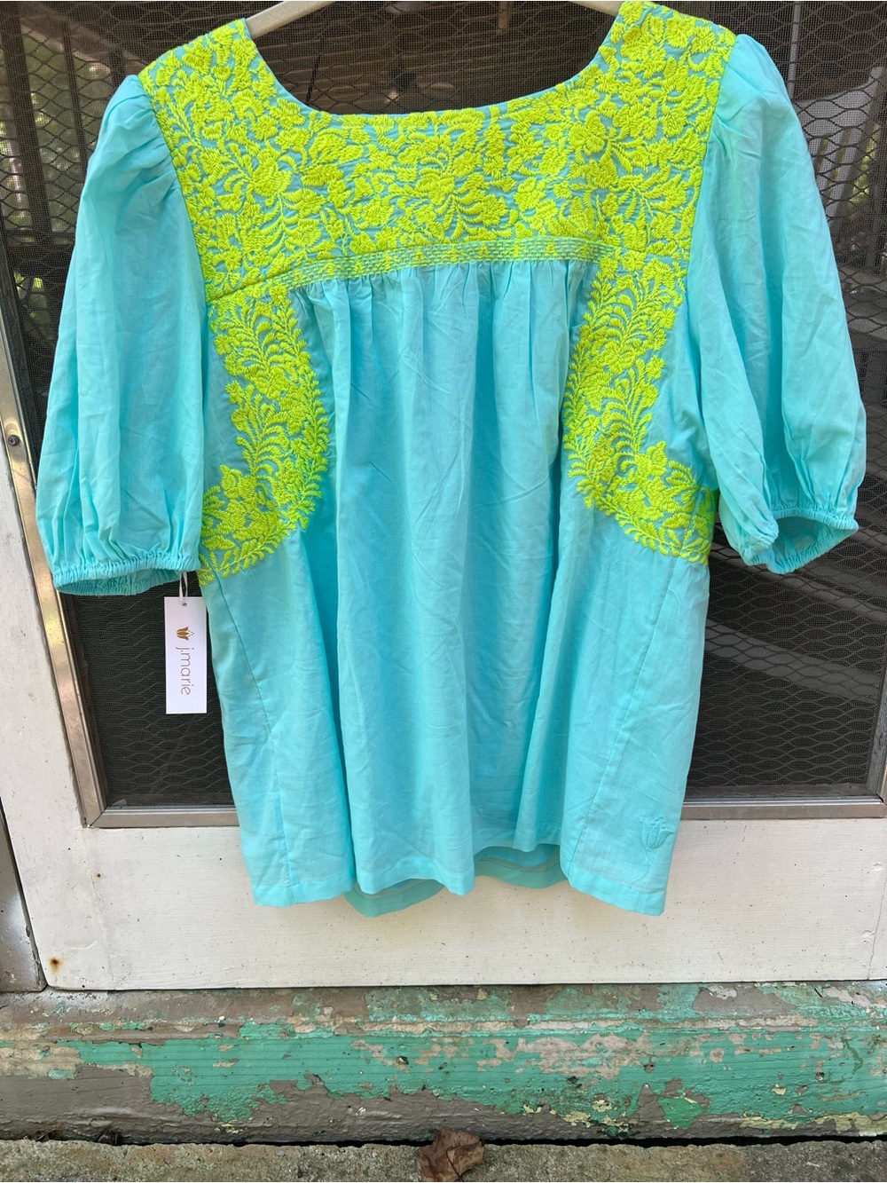 NWT Embroidered Aqua Tunic with Lime Floral Yoke - Picture 3 of 3